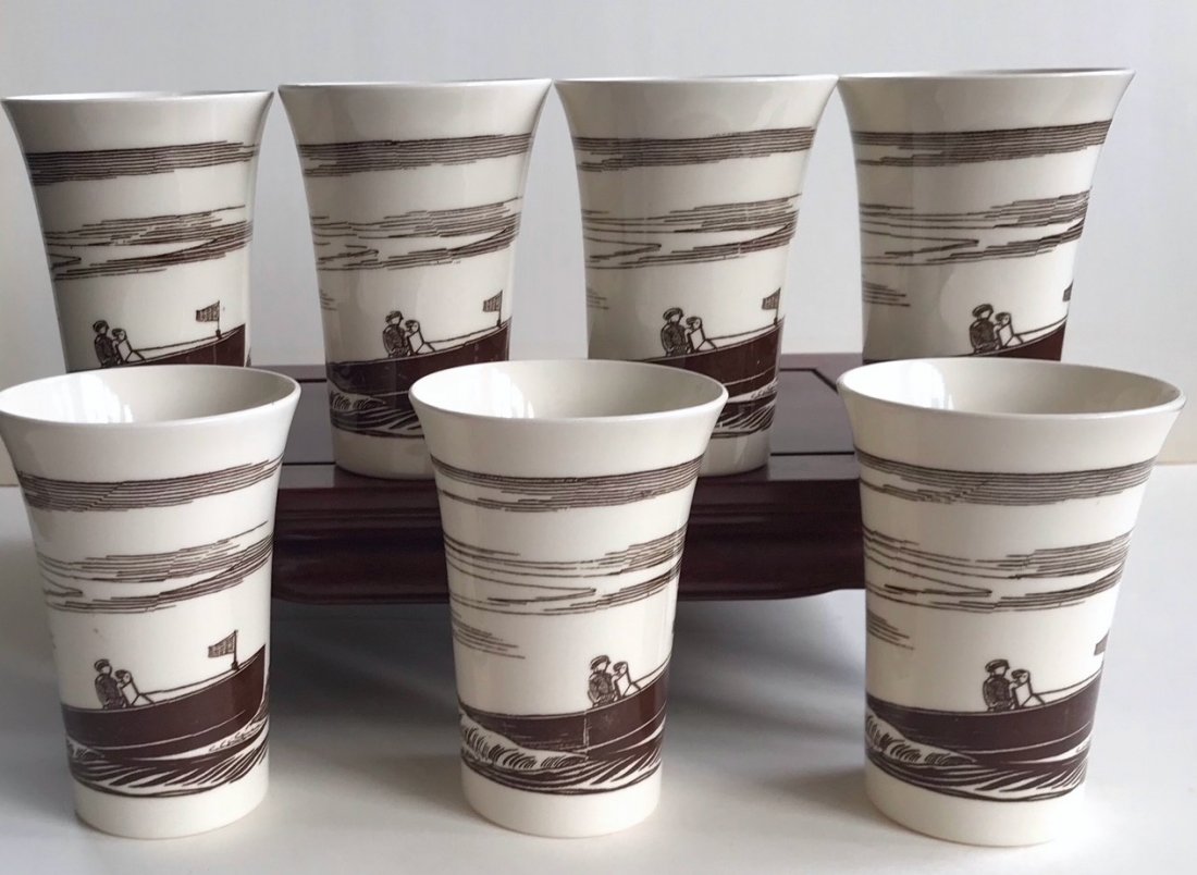 Rockwell Kent "Our America" Yacht Racing, Vernon Kilns: "Our America" Vernon Kilns designed tumblers by Rockwell Kent 1938. "Yacht racing". 7 tumblers marked: "'Our America' Rockwell Kent Vernon Kilns Made in USA". Condition: good original estate condition