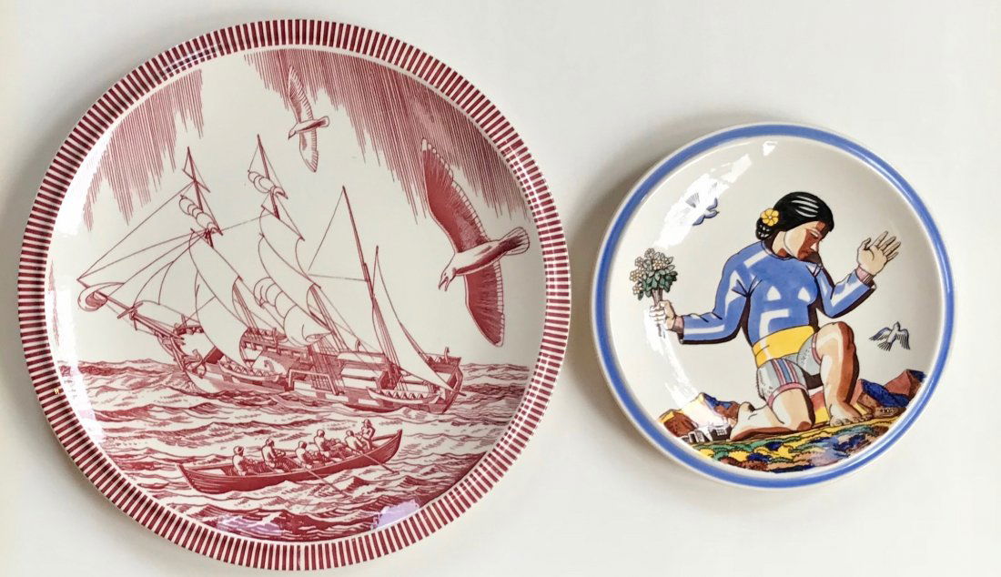 Two Rockwell Kent, Vernon Kilns Moby Dick & Salamina: Rockwell Kent two Vernon Kilns, designed charger: "Moby Dick" and plate: "Salamina". Vernon Kilns Moby Dick: 14", chop plate charger designed by Rockwell Kent. Vernon Kilns: Salamina, 9.25", plate des