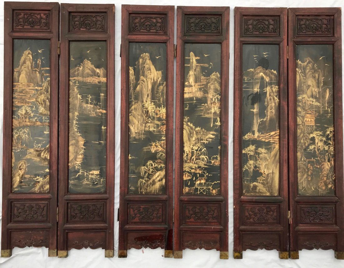 Chinese Six Panel Gilt Painted Lacquer Wood Screen (1 of 6)