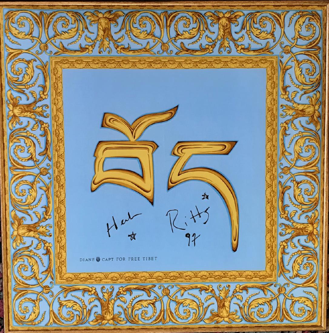 Herb Ritts "Free Tibet" 1997: Herb Ritts (American, b.1952-2002) photographer. Framed hand-signed with paint marker by the photographer Herb Ritts, silk scarf in support of "Free Tibet". Silk scarf by designer Diane Capt. Dimensio