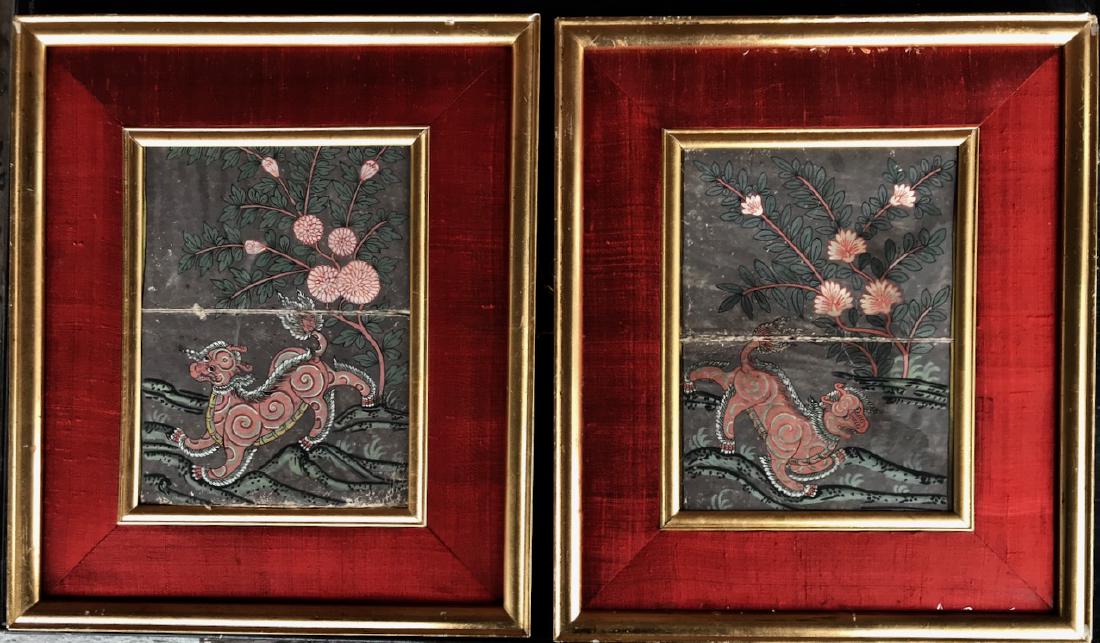 Tibetan Manuscript Pages W/ Snow Lions & Text, 19th C. (1 of 6)