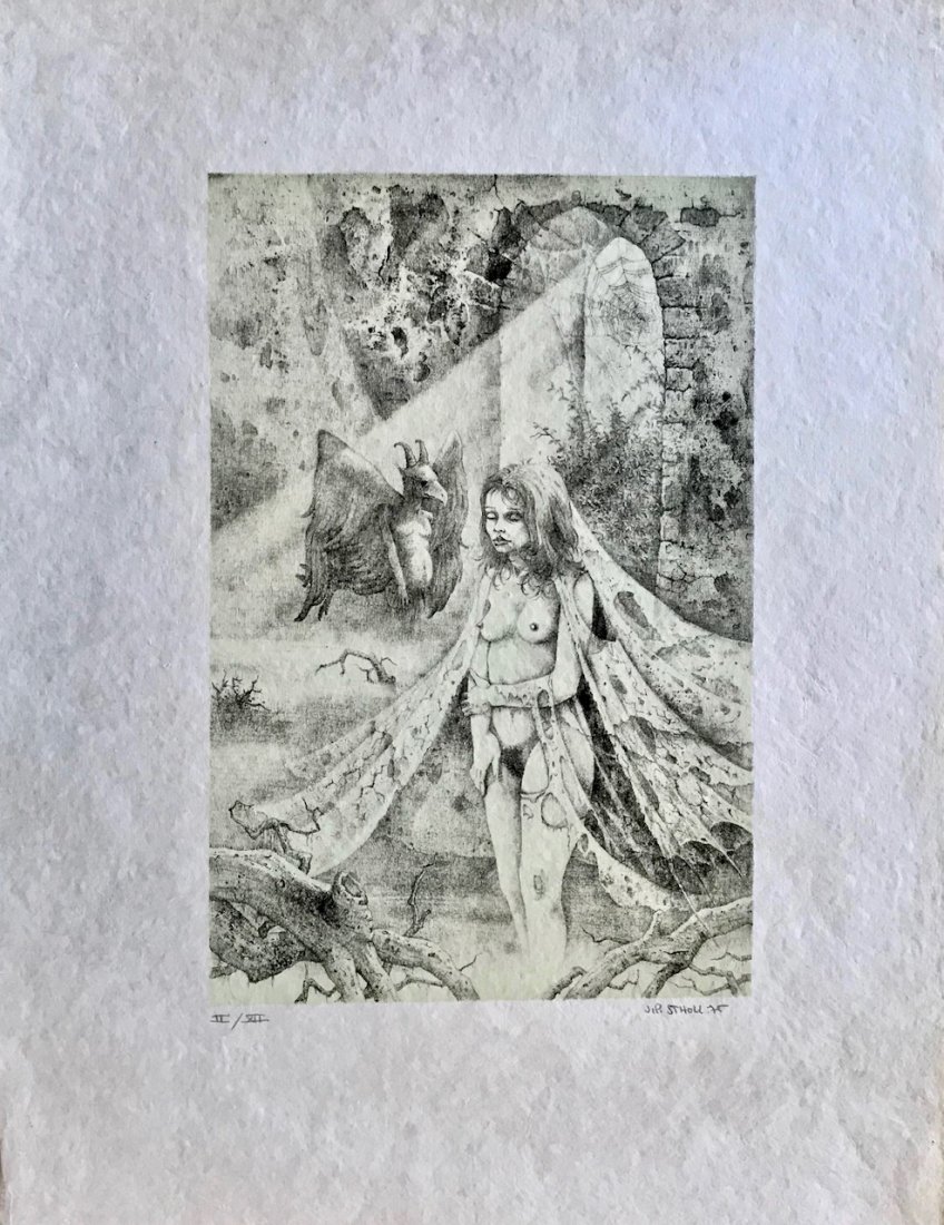 Contes de Hans Christian Andersen, Jean-Pierre Stholl: Erotic and psychoanalytic fantasy lithograph based on the fairy tales of Hans Christian Andersen by the artist: Jean-Pierre Stholl. Jean-Pierre Stholl (France, 1949, Ermont, Val d'Oise) artist. Large 