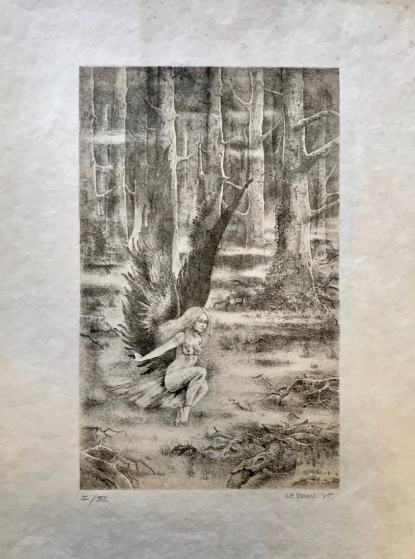 Deux Contes de Hans Christian Andersen, Jean P. Stholl: Erotic and psychoanalytic fantasy lithograph based on the fairy tales of Hans Christian Andersen by the artist: Jean-Pierre Stholl. Jean-Pierre Stholl (France,1949, Ermont, Val d'Oise) artist. Large f