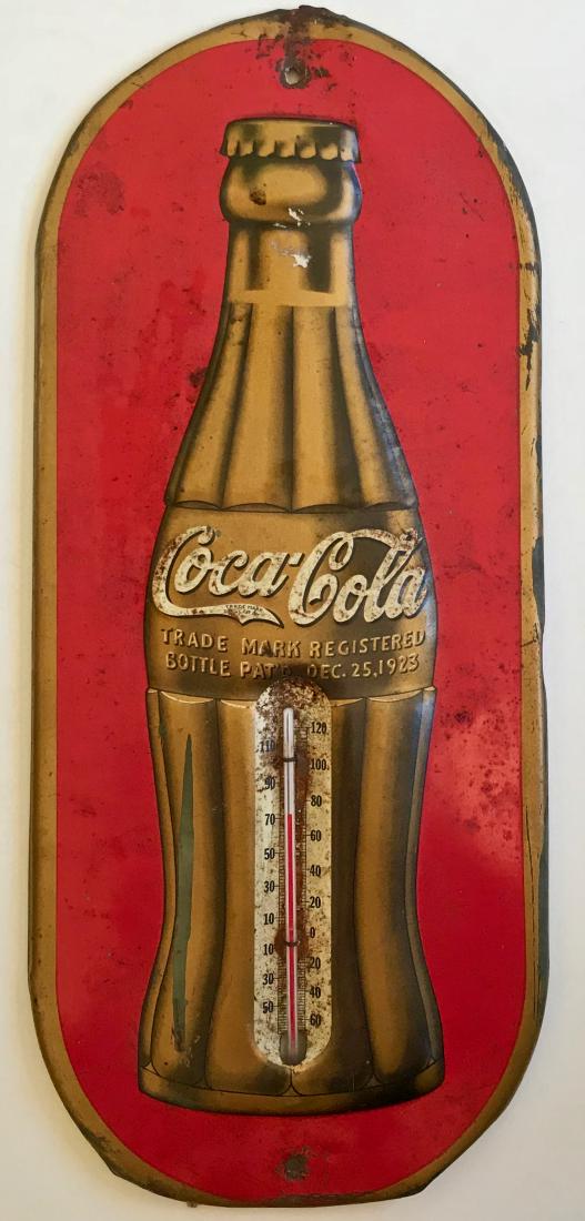Coca-Cola Metal Thermometer,1936: Coca-Cola Thermometer 1936. Embossed litho on metal. Dimension: 16" hgt x 7"wd. Condition: working thermometer, some dings, rust and paint loss (view all photographs). Provenance: Woodstock, New York 