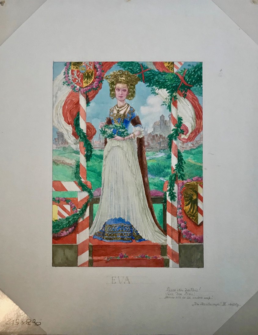 Heinrich Lefler "Eva" Wagner's Die Meistersinger: Original watercolor of "Eva" from Richard Wagner's opera Die Meistersinger von Nurnberg. Heinrich Lefler (Austrian, 1863-1919). View inscription lower right. Painting was created by Lefler for the Vie