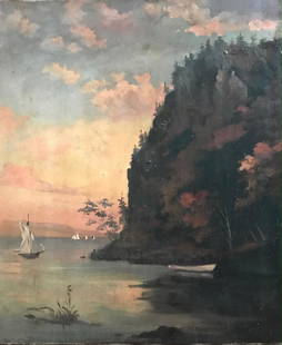 American School Coastal Painting With Sailing Ships: 19th century American School oil painting. Coastal landscape with sailing ships. Oil on canvas. Signed Indistinctly lower right (view photo). Dimensions: 14.25 in x 12 in. Condition: good original con