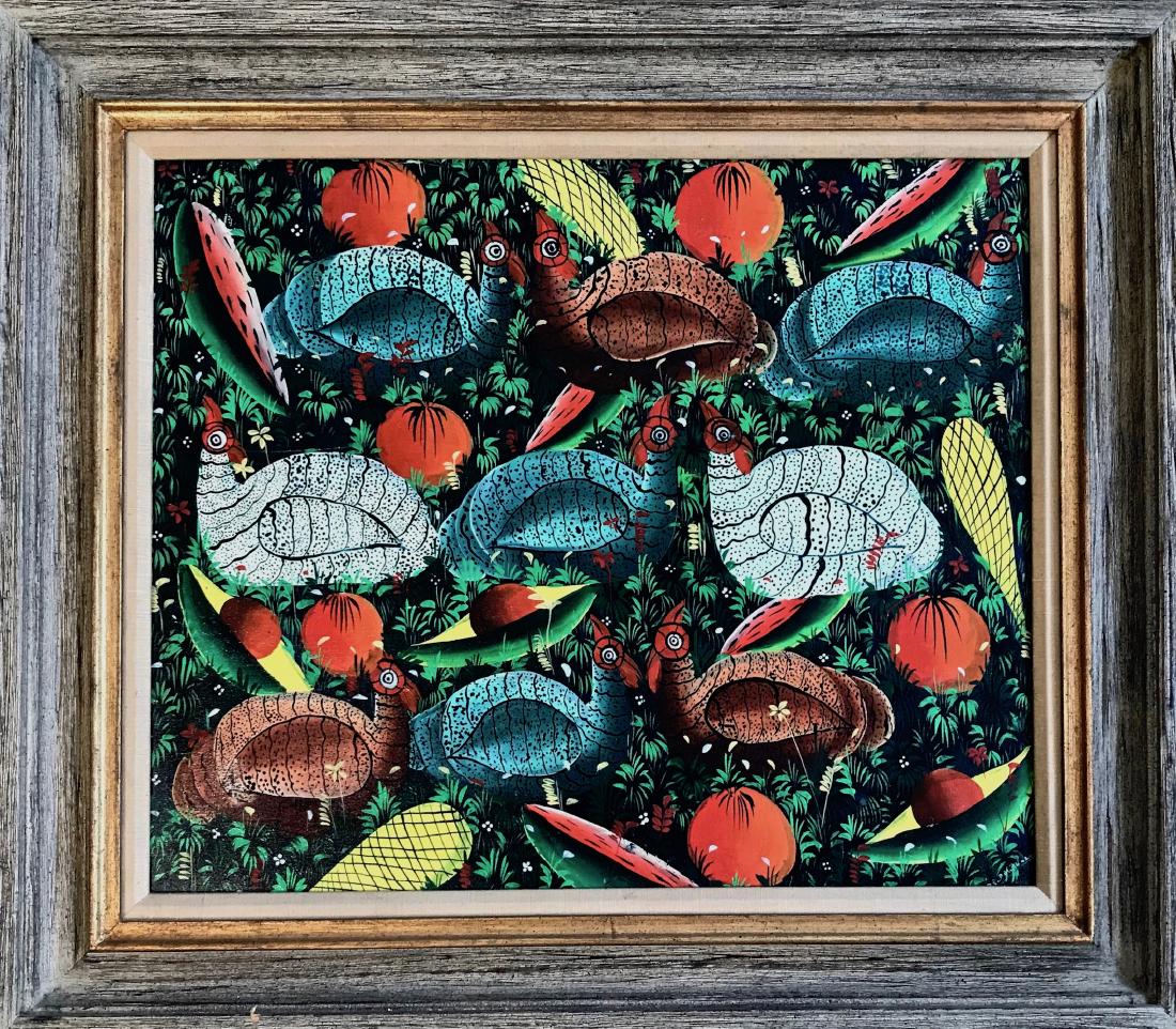 Haitian Folk Art Painting w/ Guinea Hens, Signed (1 of 4)