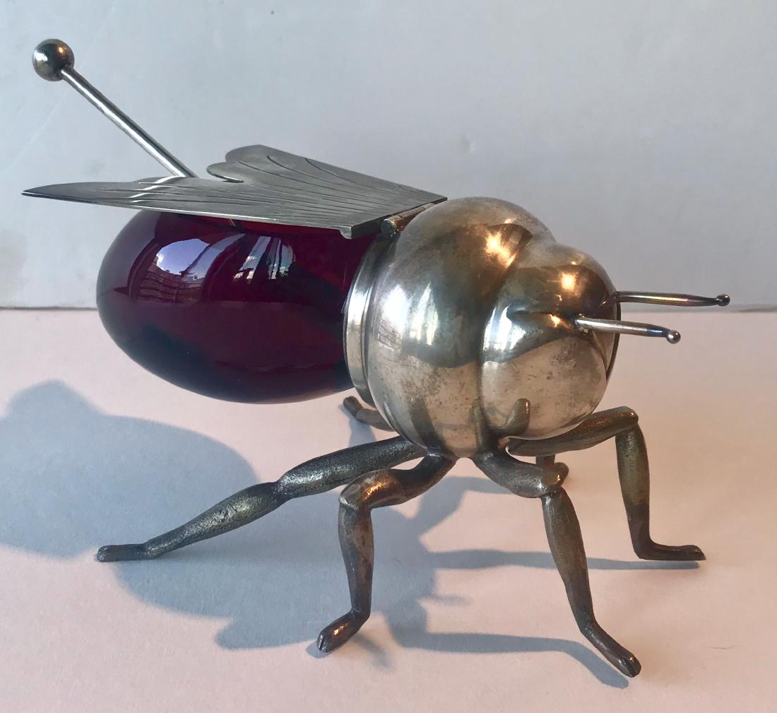 Antique Silver Plated Cranberry Glass Honey Bee W/Spoon (1 of 5)