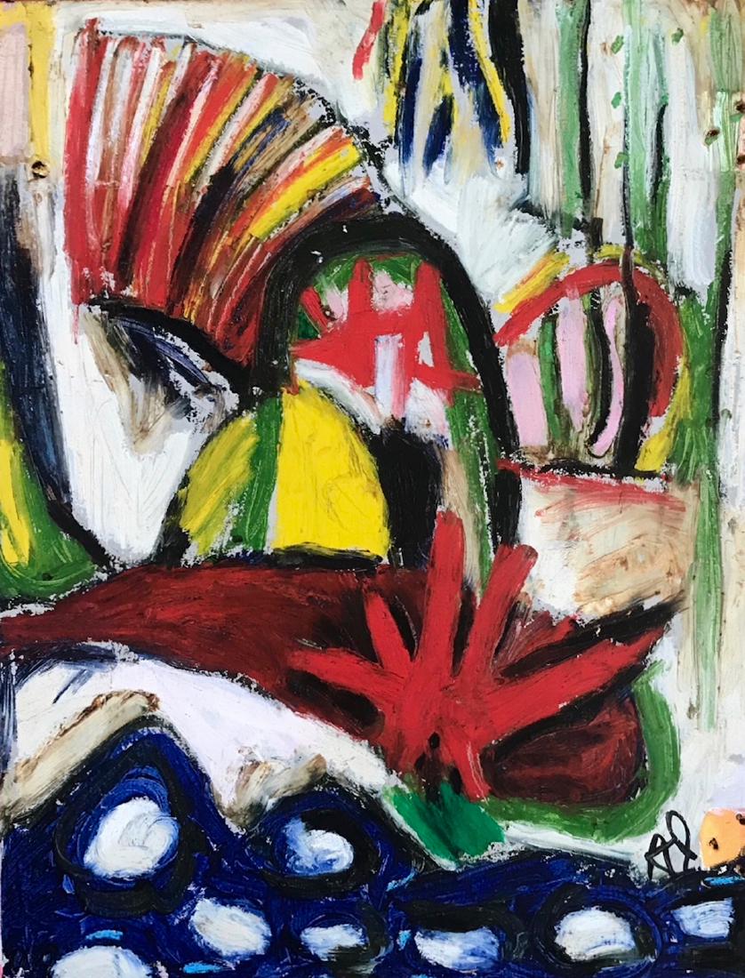 Abstract Oil Painting On Board Monogrammed 1960s: Abstract Expressionist oil painting on wood panel, monogrammed by the artist, A.L.. Circa 1960s. Dimensions: 19 inches x 14.5 inches. Condition: good original estate condition. Provenance: New York Ci