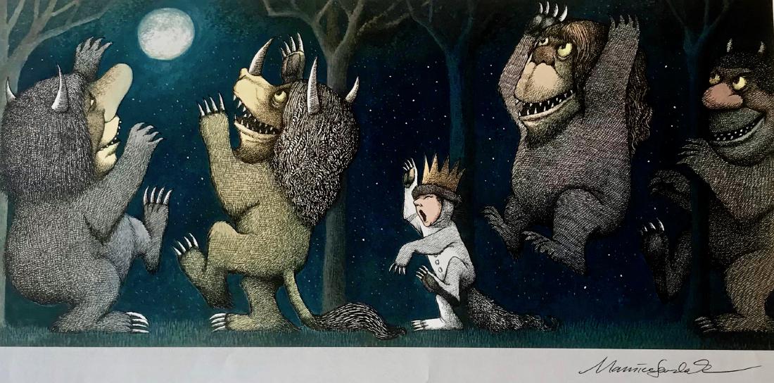 Where The Wild Things Are Hand-Signed Maurice Sendak: MAX HOWLING AT THE MOON. Hand-Signed and illustrated color print by Maurice Sendak. Howling At The Moon print is from Sendaks portfolio titled PICTURES (1971). Dimensions: 14 3/4 inches x 24 inches. S