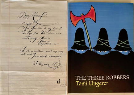 Original Drawing, Letter & Book By TOMI UNGERER: THE THREE ROBBERS: TOMI UNGERER hand-signed and inscribed book including a personal handwritten letter with original ink drawing to Morton Schindel of Weston Woods Studios. The Three Robbers author /