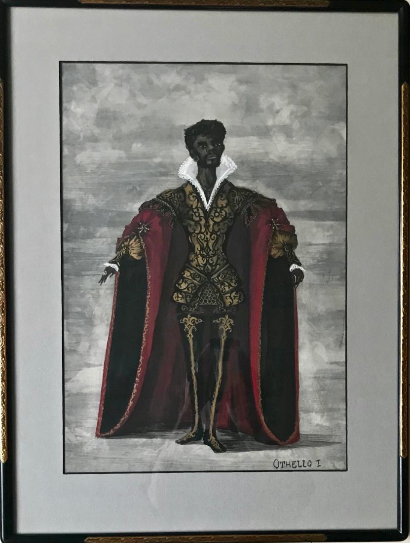 OTHELLO Painting THE MOOR of VENICE, Shakespeare 1920s: African-American gouache painting of OTHELLO. Image of the Moorish General in his elaborate designed stage costume. Titled lower right OTHELLO 1. Unsigned. framed: 18in.x 24in.; sight: 12.5in. x 18in.