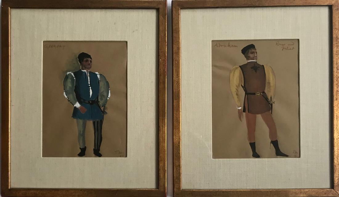 Romeo & Juliet Original Costume Designs, TM 1960: Shakespeare's ROMEO & JULIET original costume production designs, signed T.M. 1960. Image: costume designs for Romeo Montague, servicemen Abraham and servant Gregory from the house of Capulet. Waterco