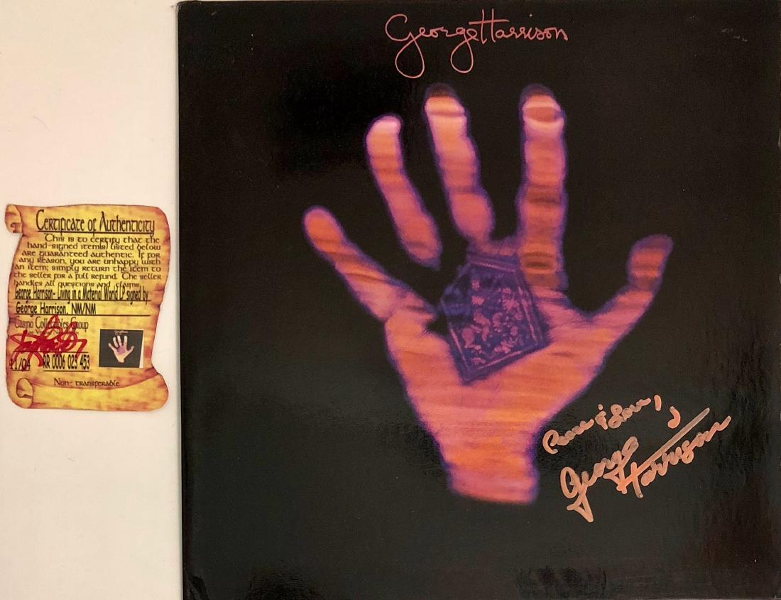 George Harrison Hand-Signed Album W/ Authentication: George Harrison, Beatles original hand-signed and inscribed record album LIVING IN THE MATERIAL WORLD. View letter of authenticity. Studio album by George Harrison, released in 1973 on Apple Records.