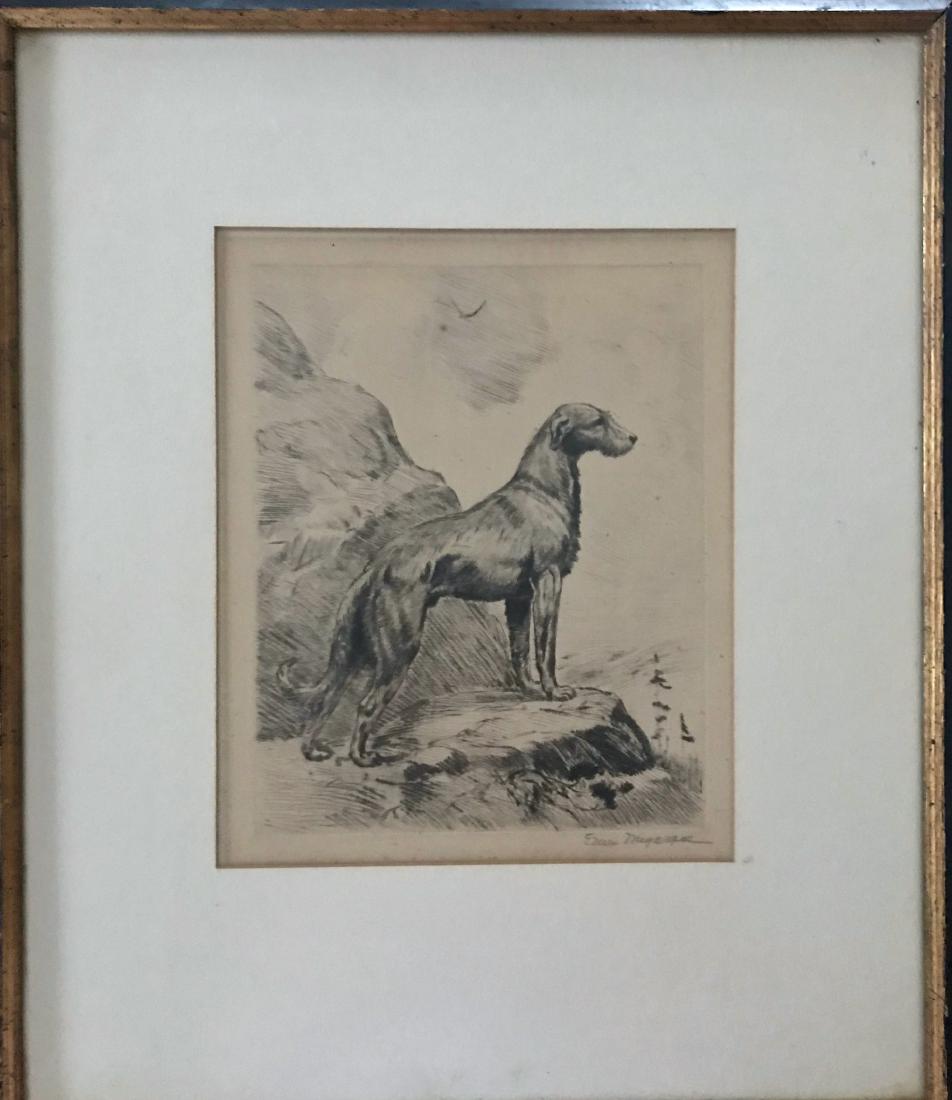 American Etching Dog in Landscape Edwin Megargee: Etching of dog in mountain landscape signed lower right in pencil by the artist, Edwin Megargee. Edwin Megargee (American, 1883-1958). Cream wove paper. Dimensions: Framed: 17 in. x 20 in., Sight: 9 i