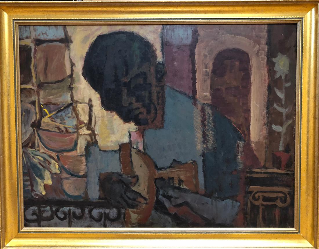 Cubist Abstract Painting African American Guitarist: Cubist abstract figural guitarist oil painting,1960s. Oil on masonite. Dimensions: Framed: 36 in. x 28.5 in., Masonite: 31.75 in. x 24 in.. Condition: good original framed condition. Provenance: Michi