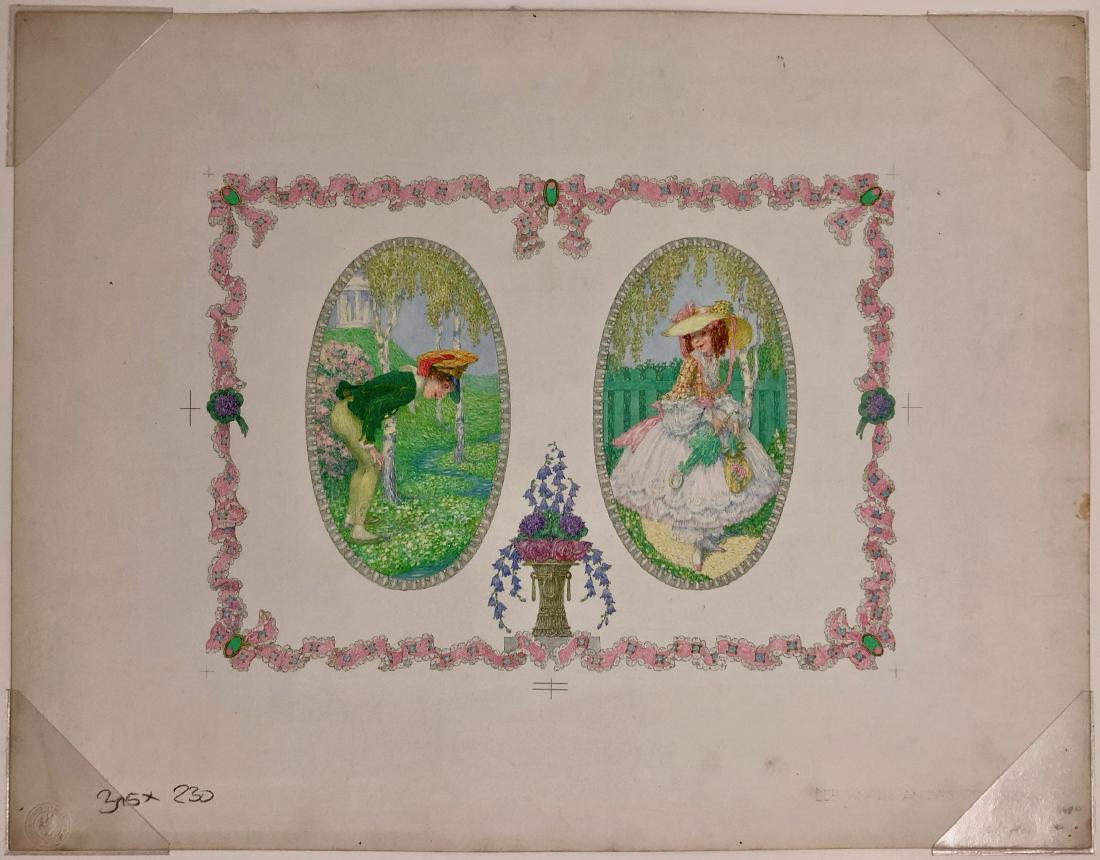 Heinrich Lefler Der Knabe an das Veilchen 1900s: Heinrich Lefler (Austrian-1863-1919). Der Knabe an das Veilchen (The Boy in the Violet). Original Illustration painting based on a song for voice and piano by Mozart after a poem by Goethe. Two oval r