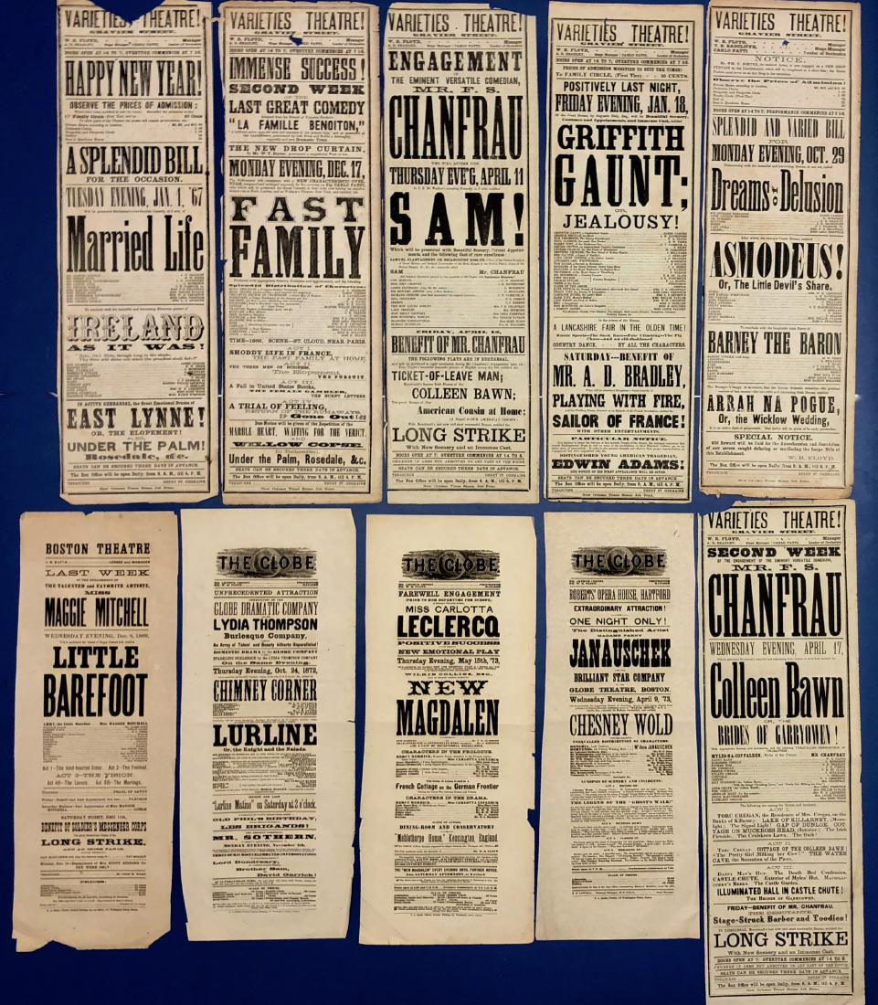 American 19th Century Theater Broadside Collection: Collection of ten original American Theater broadsides from the early 1900s. 19th / early 20th century theater memorabilia: Varieties Theater, Boston Theater, The Globe. Entertainment advertisement fo