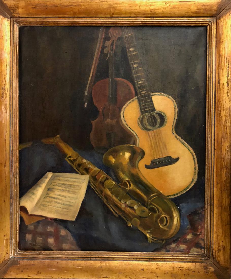 Still Life Painting With Musical Instruments, Signed