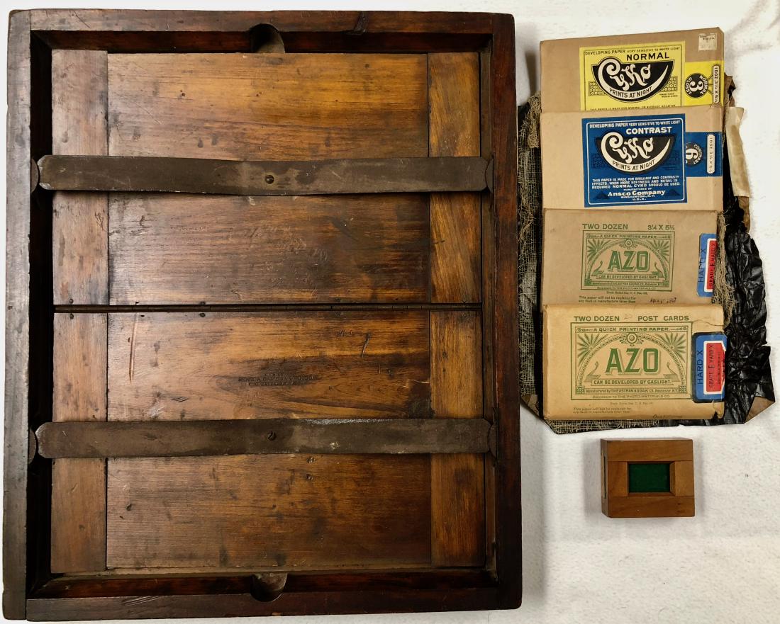 Antique Contact Printing Frames & Equipment 1900s: Antique Photography Equipment: Contact Printing Frames & Undeveloped Printing Paper early 1900s. 1) Antique wood contact printing frame from Seneca Camera MFG. Co, Rochester, N.Y. U.S.A. (1900 - 1926,