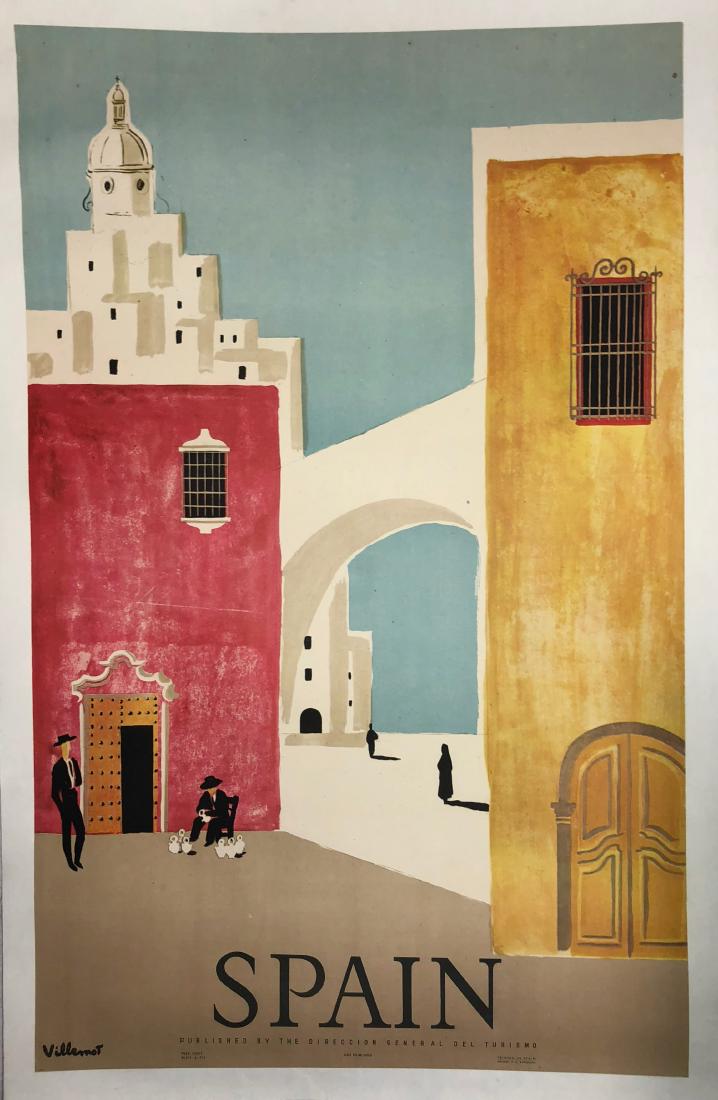 Vintage Travel Poster “SPAIN” Villemot, 1950s: Bernard Villemot (1911-1989). SPAIN. Linen backed travel poster by Bernanrd Villemot SPAIN. View of white washed buildings and a cathedral on top of hill, accents the clay covered buildings in the squ
