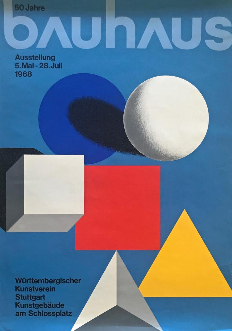 Herbert Bayer BAUHAUS Exhibition Poster, Austria 1968: Original exhibition poster at the Wurtembergische Kunstverein Museum in Stuttgart, Austria,1968. Poster designed by the artist Herbert Bayer (American/Austrian,1900-1985). Offset color lithograph on p