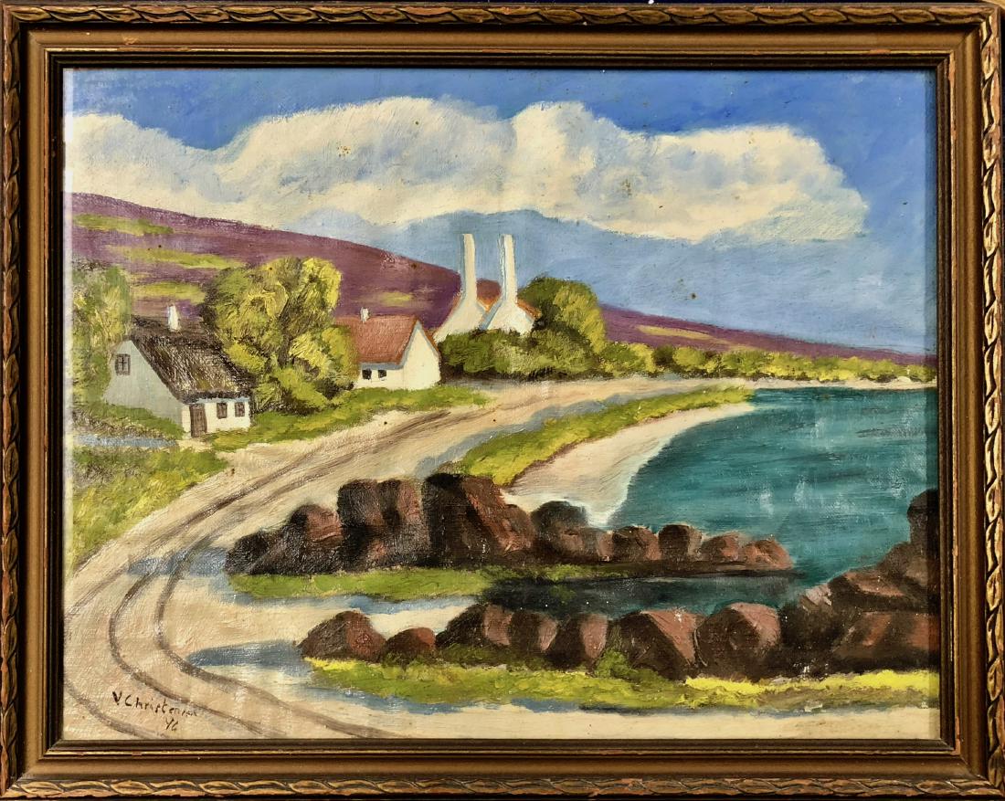 Coastal Village Seashore Painting, V. Christensen, 1946: Continental School painting signed and dated by the artist, V. Christensen,1946. View of thatched roof homes along a coastline. Oil on canvas under glass. Dimensions: framed: 17 in. x 13.6 in., sight: