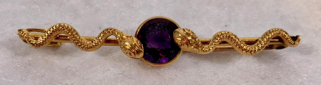 14k Yellow Gold Double Serpent Amethyst Bar Pin (1 of 3)