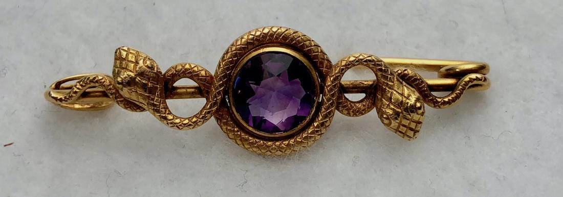 14k Yellow Gold Brooch W/ Snakes & Amethyst Gemstone (1 of 3)