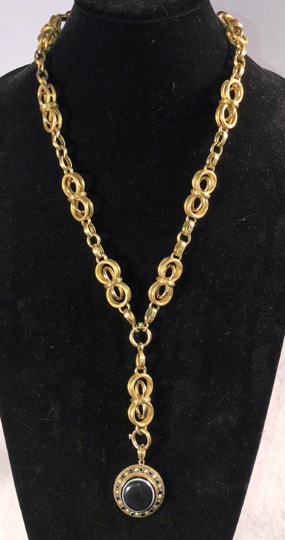 14k Yellow Gold Link Necklace W/ Onyx Cabochon (1 of 9)