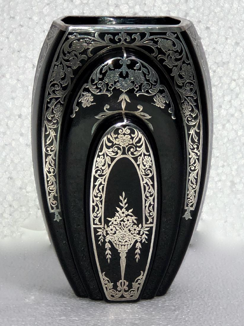 Art Deco Black Art Glass Vase Urn With Silver Overlay (1 of 6)