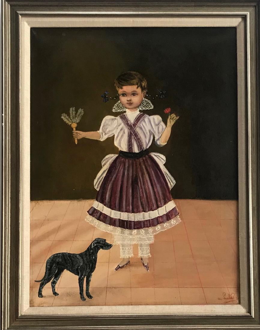 AGAPITO LABIOS (Mexican,1898-1996) Girl With Dog: Mexican folk art painting signed by the artist, Agapito Labios. Young girl with dog. Oil on canvas. Signed lower right, A. Labios. Dimensions: Framed: 25 3/4 in. x 20 in. Canvas: 22 1/4 in. x 16 3/4 i