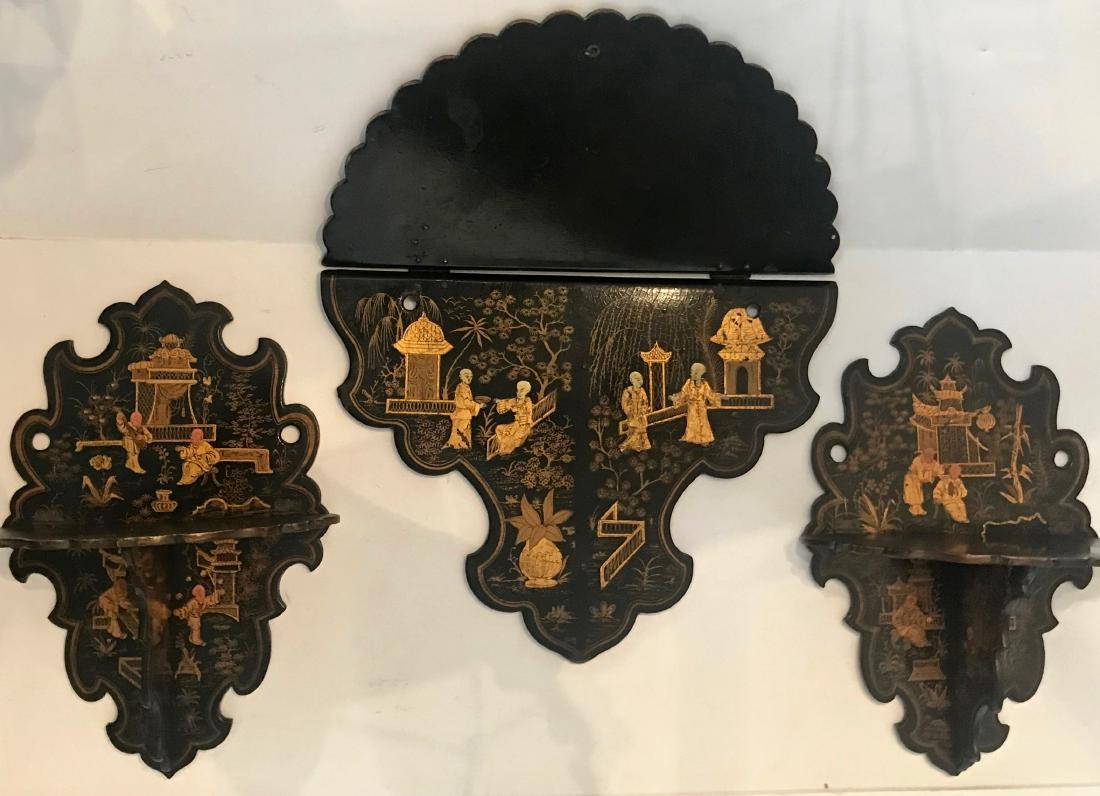Chinoiserie Papier-Mâché Black Lacquered Wall Shelves (1 of 5)