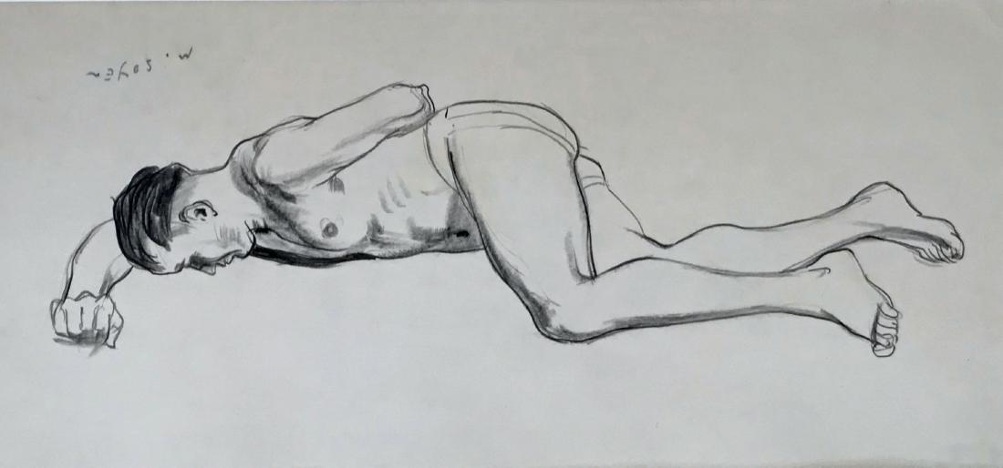 Moses Soyer Charcoal Drawing RECLINING NUDE: Moses Soyer (American, 1899-1974). Original charcoal drawing of reclining nude male signed by the artist, Moses Soyer (lower right). Framed charcoal on wove paper. Condition: good original custom fram