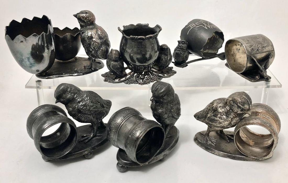 Lot of Seven Figural Napkin Rings CHICKENS & EAGLES: Collection of 7 Victorian silver plated figural napkin rings and toothpick holders. 1) ROGERS & BRO. Best Wishes. 2) Meriden #222. 3) James Tufts #3402. 4) Eagles #146. 5) Double Chicken Tooth Pick Ho
