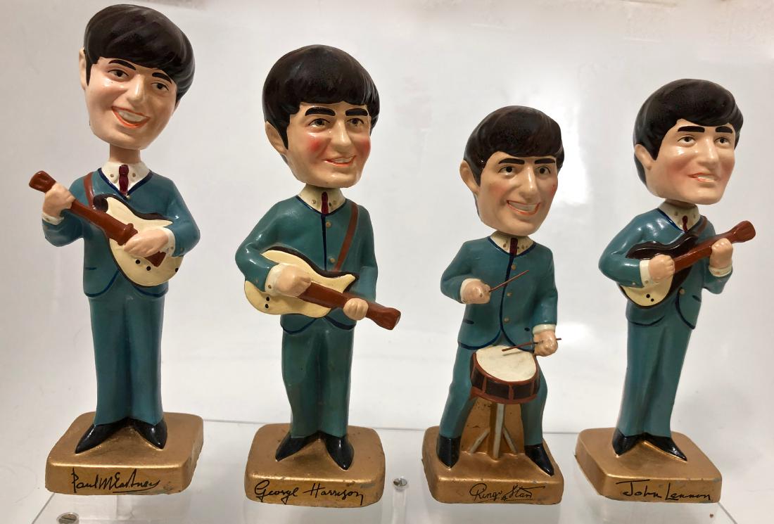 Original BEATLES NODDER BOBBIN HEAD Dolls in Box 1964: BEATLES MEMORABILIA. Original BEATLES set of CAR MASCOT NODDER BOBBING HEAD DOLLS in merchandising cardboard display box. John Lennon, Ringo Starr, Paul McCartney & George Harrison complete set and or