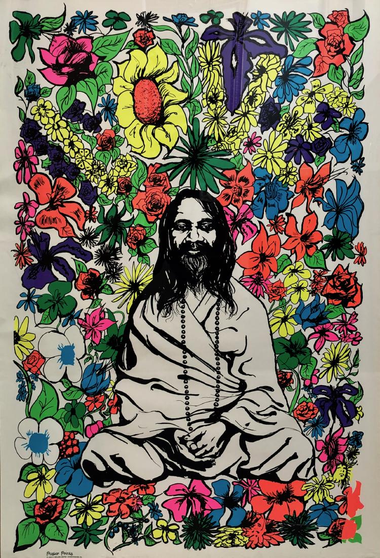 MAHARISHI Black Light Psychedelic Poster, 1960s: Dimensions: 24 in. x 36 in. Maharishi Mahesh Yogi India Guru Halsmann black light psychedelic poster. Image of the Maharishi (photographer Philippe Halsman, 1968) surrounded by abstract flowers in bla