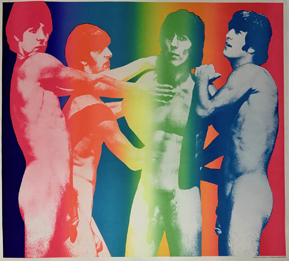 Beatles Fluorescent FORBIDDEN Poster 1968 (BANNED): The Beatles Forbidden Danish Poster 1968, BANNED. Fluorescent colors. Printed in Denmark by Permild & Rosengreen. Danish design by an anonymous artist featuring the Fab Four naked in rainbow hues. Dim