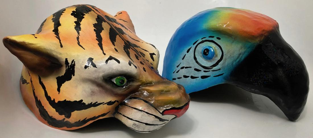 Vintage Paper Mache FETZENZUG CARNIVAL MASKS (2): TIGER and PARROT. Austrian vintage papier mache enamel painted folk art masks FETZENZUG Carnival procession. Image of a Tiger & Parrot. Austrian maker identified within interior (view photo). Approxim