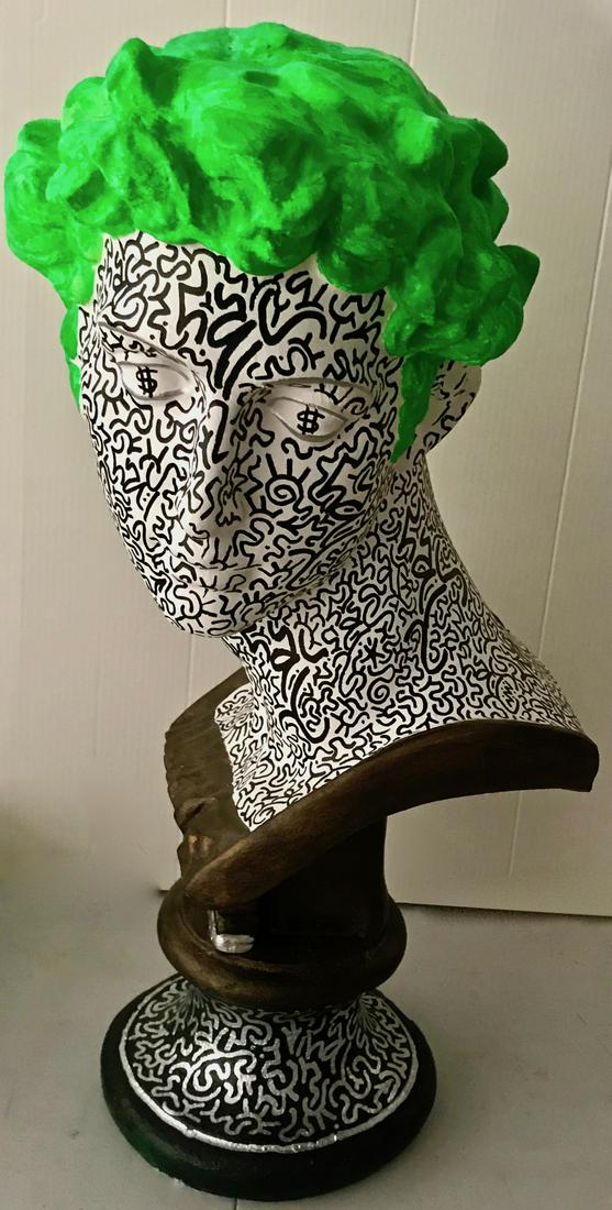LA Ii (Ortiz) Graffiti Painted Sculpture DAVID: Original Graffiti painted DAVID bust tagged throughout by LA II. Painted with Day-glow bold green and black oil paint marker with white foundation on plaster, tightly tagged throughout. Dimensions: H: