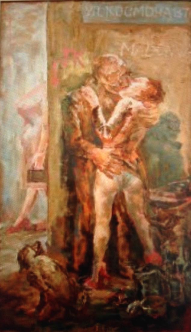 Vladimir Titov BACK STREET LOVERS Oil Painting: Vladimir Titov (Russian, b.1950). Modern Russian Urban Erotic Abstract Painting, Signed By the artist, V. Titov 88 (front and verso). Oil on burlap canvas. Titov paintings are scenes set in habitats o