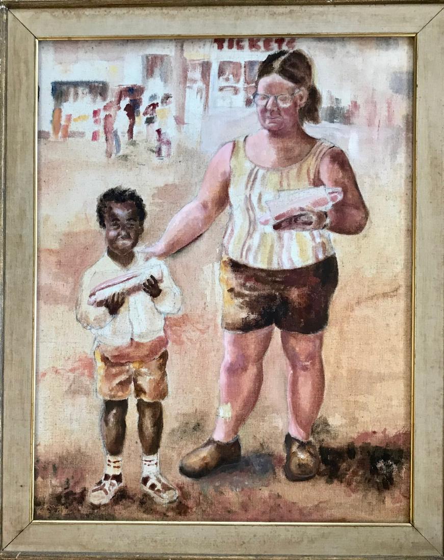 Elizabeth Hoffman Urban Fairground Painting TICKETS: Urban fairground figural painting signed by the artist, Elizabeth Hoffman (American, 20th century). Young African American child enjoying a hot dog with mom at a local country fairground. Signed on ve