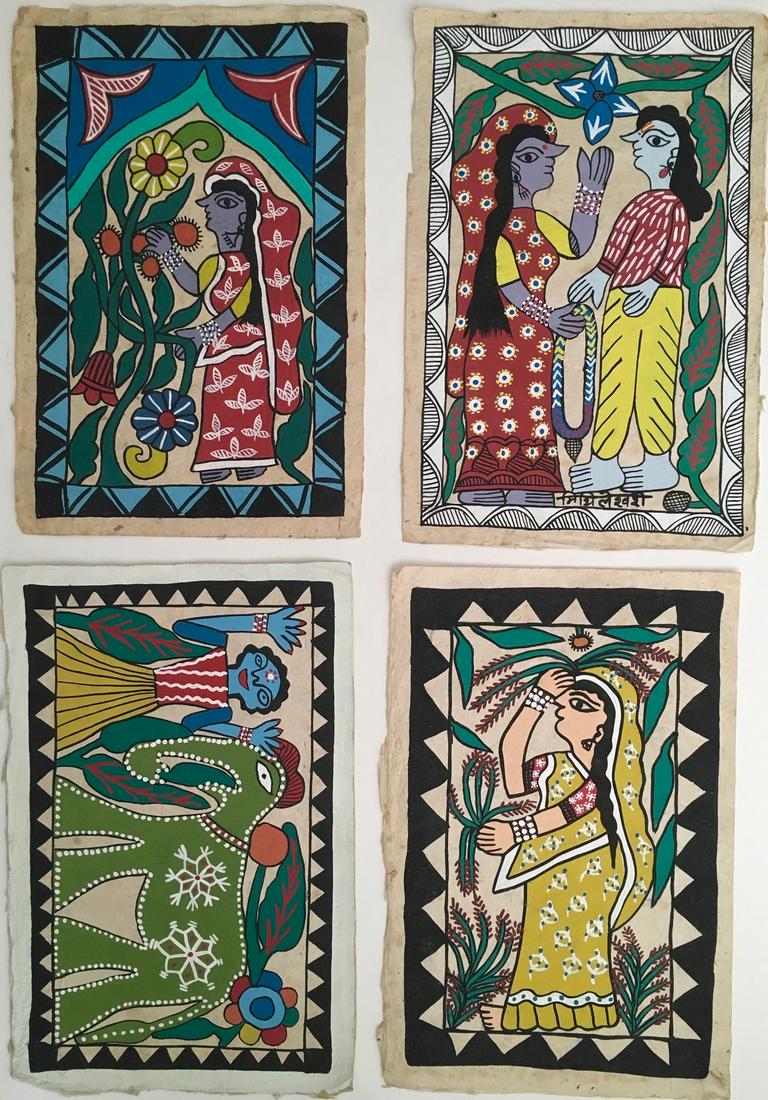 Maithil Folk Art Paintings, Signed Janakpur, Nepal: Four traditional Madhubani folk art paintings from Janakpur, Nepal. Acrylic paint on hand-made lokta paper. Dimensions: 10 in. x 15 in. Condition: good original condition. Provenance: Originally Janak