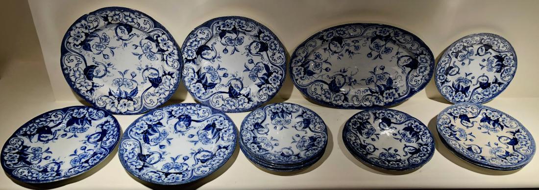 French Majolica Creil Montereau FLORA ca.1870-1880: 19th Century French majolica round dinner & serving platters marked CREIL FLORA. Nine cobalt blue & white FLORA earthenware assorted dinner and serving plates decorated with bindweed flowers and arabe