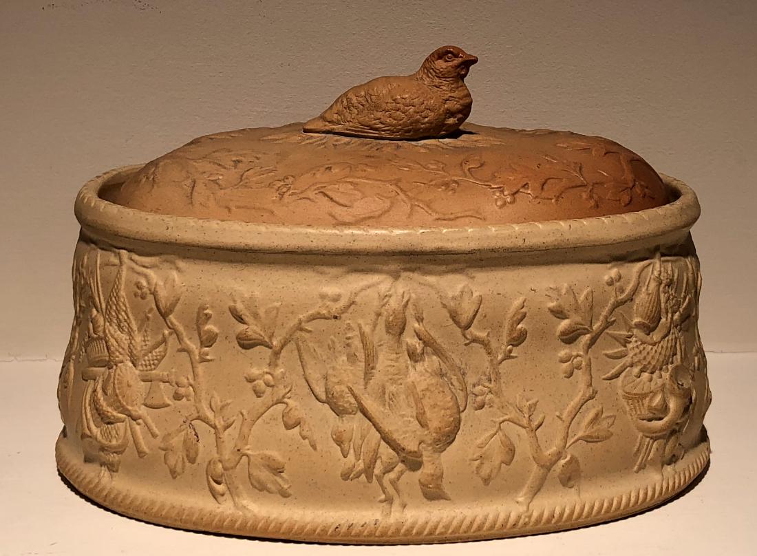 Copeland Late Spode Covered Casserole Henry IV Pattern: Copeland Late Spode Henry IV earthenware oval covered casserole. Decorated with center dove on lid and surrounding hunting pattern in high relief. Backstamp: Copeland Late Spode, registration number, 