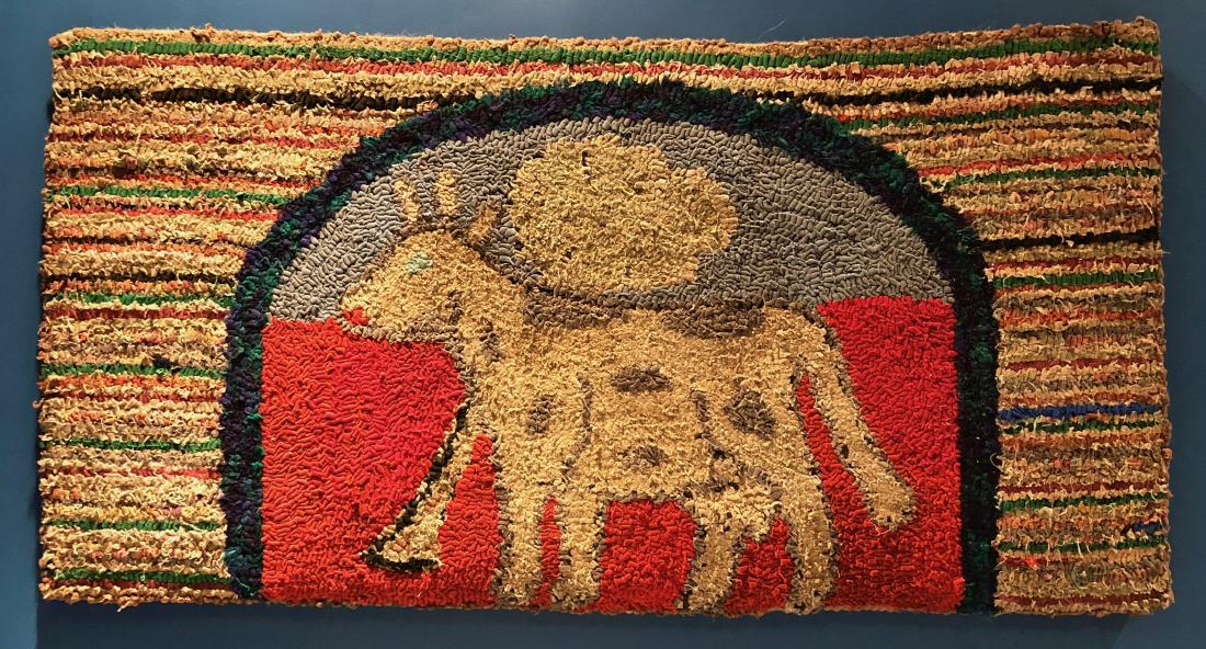 American Folk Art Pictorial Hooked Rug COW 1930s: Early Folk art pictorial hand-woven hooked rug wall hanging, depicting a standing COW. Circa 1930s. Wool and cotton on a burlap backing. Professionally mounted for hanging. Dimensions: 20 in. hgt. x 3
