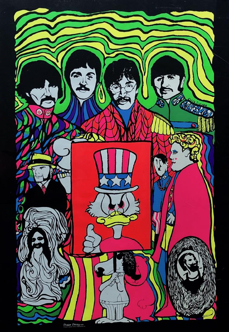 BEATLES PSYCHEDELIC Blacklight Poster 1968: Original BEATLES Blacklight poster with Snoopy, Donald Duck & Yogi, 1968. Publisher: Plymouth Square Center, Conshohocken, PA 1968. Dimensions: 35 in. x 23 in. Condition: Good original vintage conditi