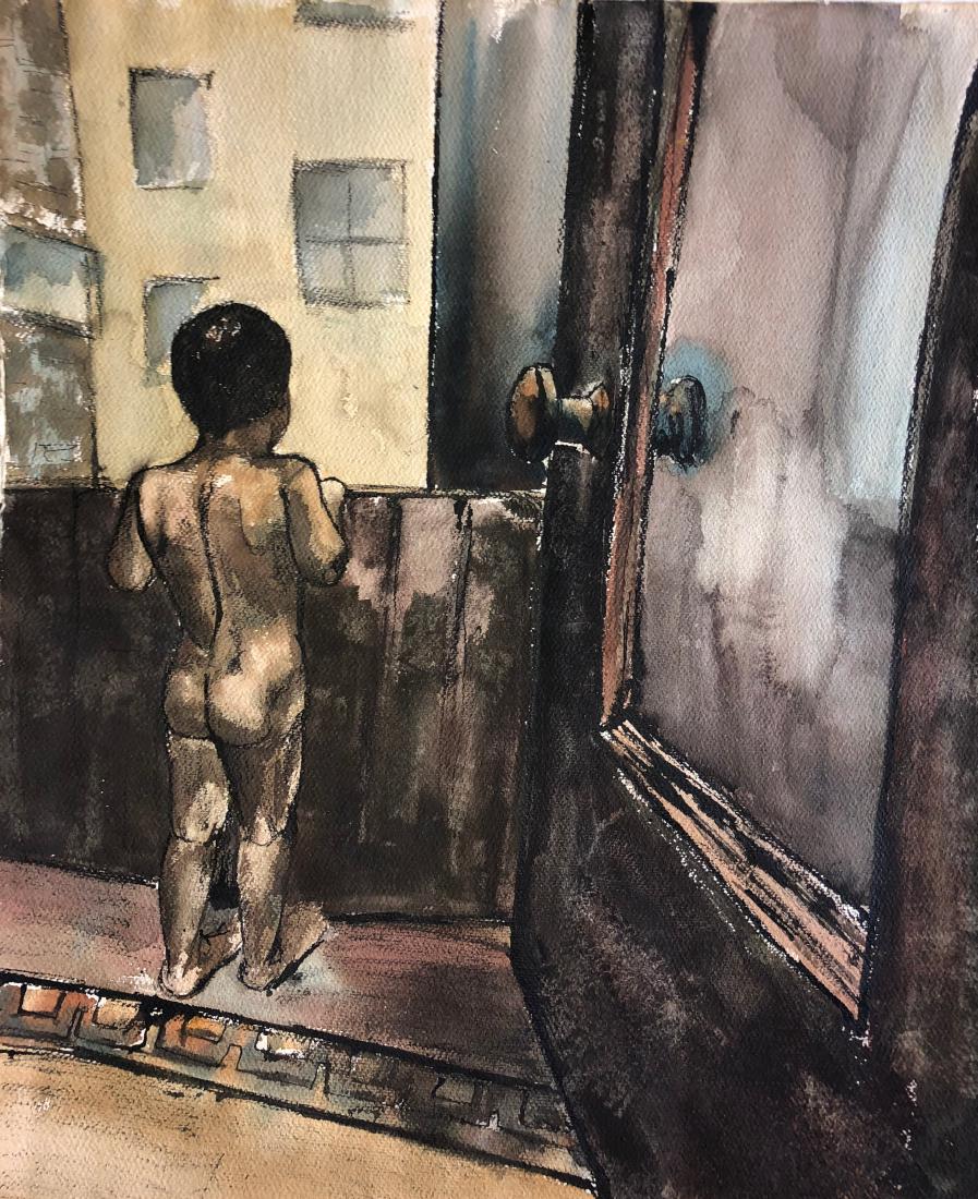Harlem Renaissance Urban Painting YOUNG CHILD c.1940s: Young African American child within an interior urban setting. Watercolor on wove cream paper. Dimensions: unframed: 26 3/4 in. x 22 3/4 in. Circa 1940s. Condition: good original estate condition. Pro