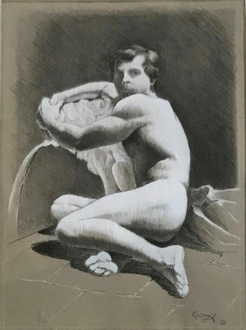 Homage to Pierre Paul Prudhon Academie Drawing, Knight: Interpetation of Prud'hon Academie of a Seated Man, Seen from Front, figure study signed by the artist Knight 79. Titled: The Source,- "2 Homage to Pierre-Paul Prud'hon" lower left. Black chalk, charc