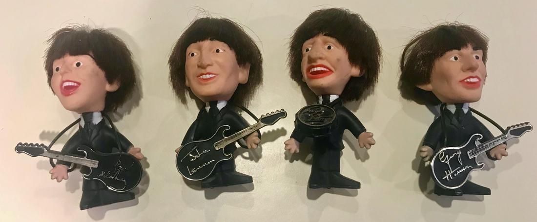 BEATLES 1964 Remco BIG HEAD DOLL FIGURES: Beatles Memorabilia. ORIGINAL vintage Remco Big Head BEATLES dolls 1964: RINGO, GEORGE, PAUL & JOHN. Soft rubber body doll with rubber heads and lifelike rooted hair. Fine print on their feet: nems en